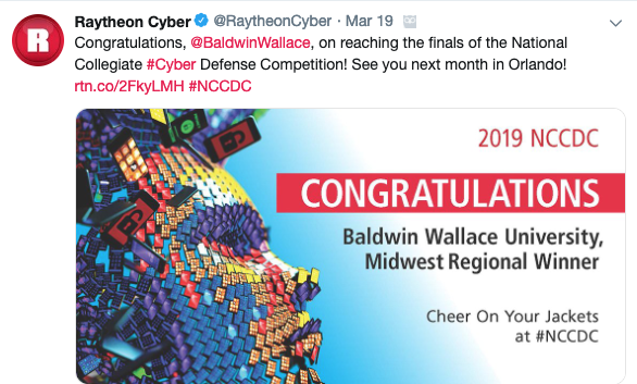 Corporate sponsor Raytheon Tweeted out congratulations to BW.